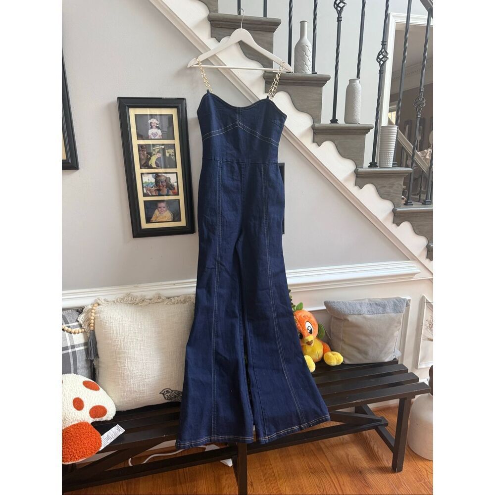 Blue Blush Dark Blue Denim Chain Strap Jumpsuit Sz MT NWT